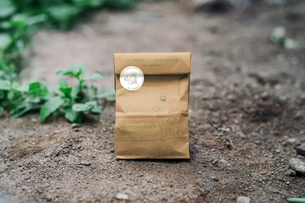 Eine braune Papiertüte mit der Aufschrift Marios Gassiservice und Potenpower To Go steht aufrecht auf der Erde, mit grünen Pflanzen im Hintergrund. Auf der Tüte sind von Grafik Design München inspirierte Strichzeichnungen eines Menschen und eines Hundes zu sehen.