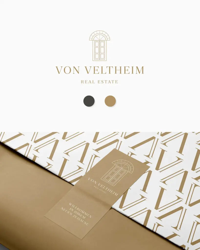 Elegantes Branding für Von Veltheim Real Estate mit minimalistischem Fensterlogo und Geschenkverpackung mit sich wiederholendem VV-Muster, fachmännisch gefertigt, um raffiniertes visuelles Branding und Corporate Design in Gold und Schwarz zu reflektieren, mit einem passenden Markenanhänger.