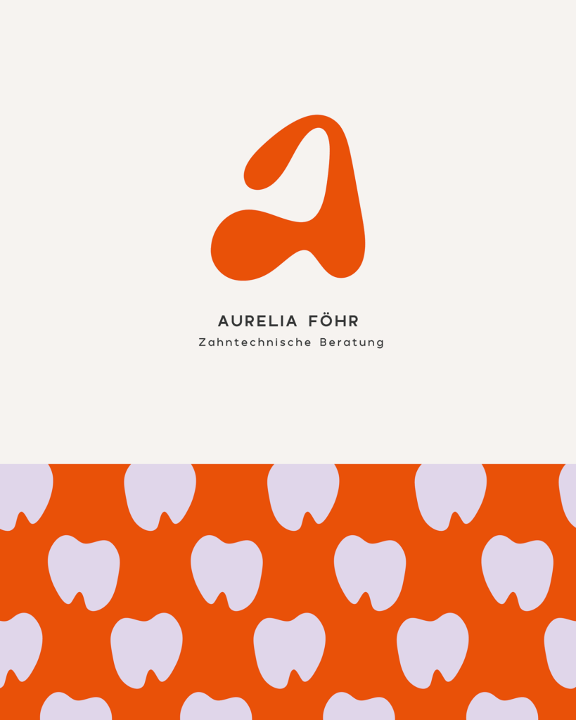 Abstraktes oranges "A"-Logo über dem Text "Aurelia Föhr Zahntechnische Beratung". Darunter spiegelt ein Muster aus weißen Zahnformen auf orangem Hintergrund die professionelle Kompetenz von Grafik Design München wider.