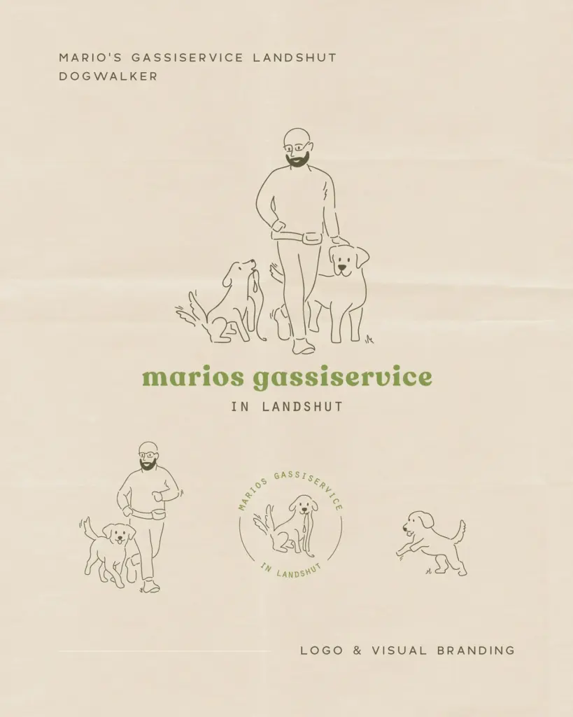 Ein illustriertes Branding-Poster für Marios Gassiservice Landshut zeigt einen bärtigen Mann, der mit zwei Hunden spazieren geht, zusätzliche Hundegrafiken und das grüne Logo. Der Text beinhaltet DOGWALKER und logodesign münchen und unterstreicht das moderne Flair von Grafik Design München.
