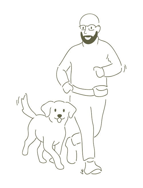 Ein Mann mit Brille und Bart joggt neben einem glücklichen Hund, beide sehen fröhlich aus. Die minimalistische Illustration mit schwarzen Linien spiegelt den klaren Stil wider, den man oft bei Grafik Design München sieht. Der Mann trägt eine Hüfttasche auf dem weißen Hintergrund.
