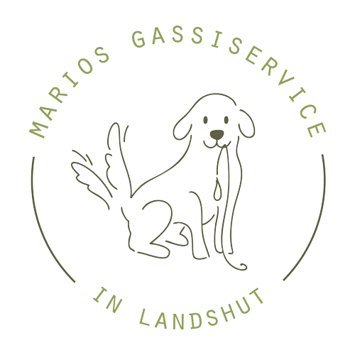 Logo-Illustration eines glücklichen Hundes, der eine Leine im Maul hält, umgeben von dem Text "Marios Gassiservice in Landshut" in einem kreisförmigen Layout - perfekt für visuelles Branding und Corporate Design München.