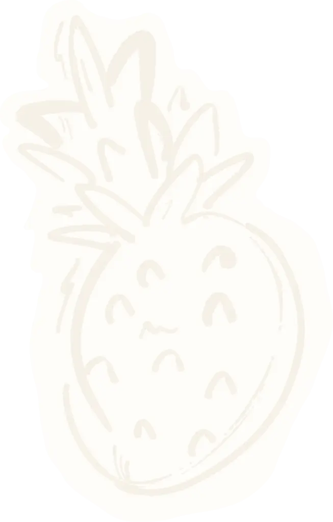 Eine schlichte, hellbeige Strichzeichnung einer Ananas mit minimalen Details - perfekt für logodesign münchen, mit einem runden Körper und spitzen Blättern oben.