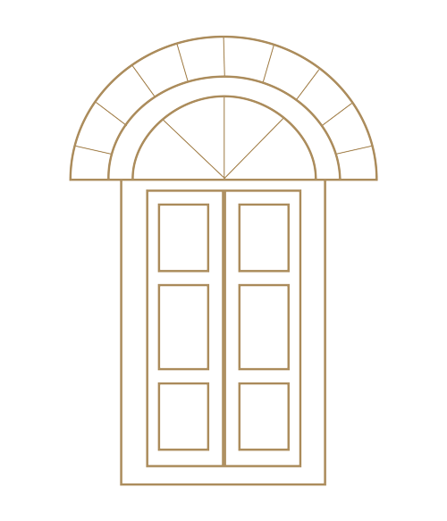 Eine schlichte Strichzeichnung für Logodesign München: ein Fenster mit zwei rechteckigen Flächen, die jeweils in drei Abschnitte unterteilt sind, gekrönt von einem halbkreisförmigen, in Segmente unterteilten Bogen - ideal für modernes visuelles Branding und Corporate Design München.