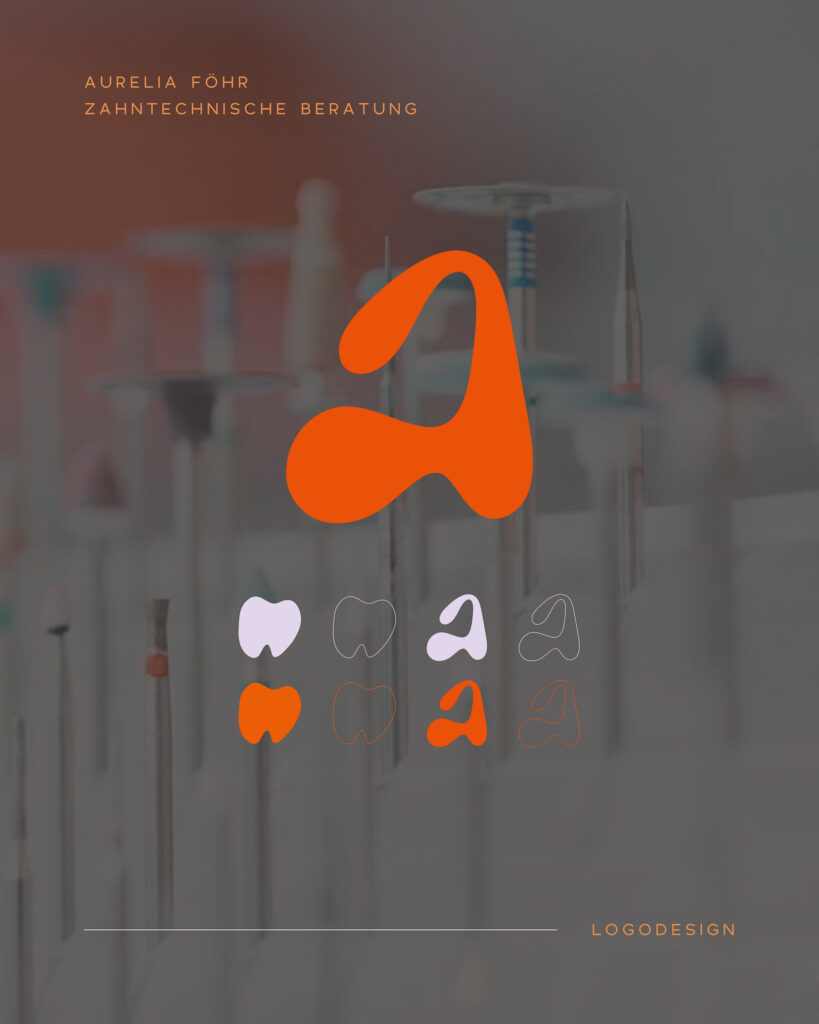 Eine Grafik mit zahnmedizinischen Werkzeugen im Hintergrund, einem abstrakten orange-roten Logo in der Mitte, stilisierten Zahnsymbolen darunter und dem Text Aurelia Föhr Zahntechnische Beratung. Visuelles Branding und Elemente von Grafik Design München sind in den Ecken zu finden.