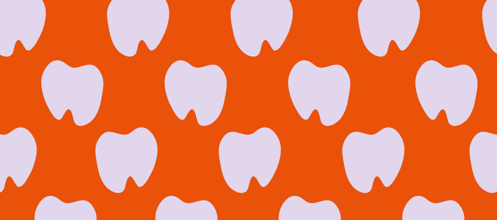 Ein nahtloses Muster aus weißen Zahnformen, inspiriert von Grafik Design München, gleichmäßig verteilt auf einem leuchtend orangen Hintergrund.